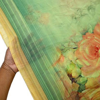 Women Vintage Sari Green & Yellow Pure Georgette Silk Digital Printed Saree Craft Fabric Sewing 6Yd Light Dress Making Geometric Crafting