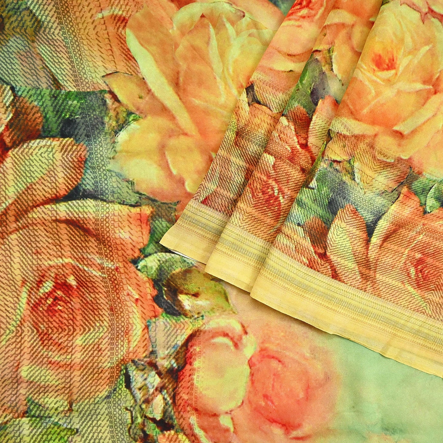 Women Vintage Sari Green & Yellow Pure Georgette Silk Digital Printed Saree Craft Fabric Sewing 6Yd Light Dress Making Geometric Crafting