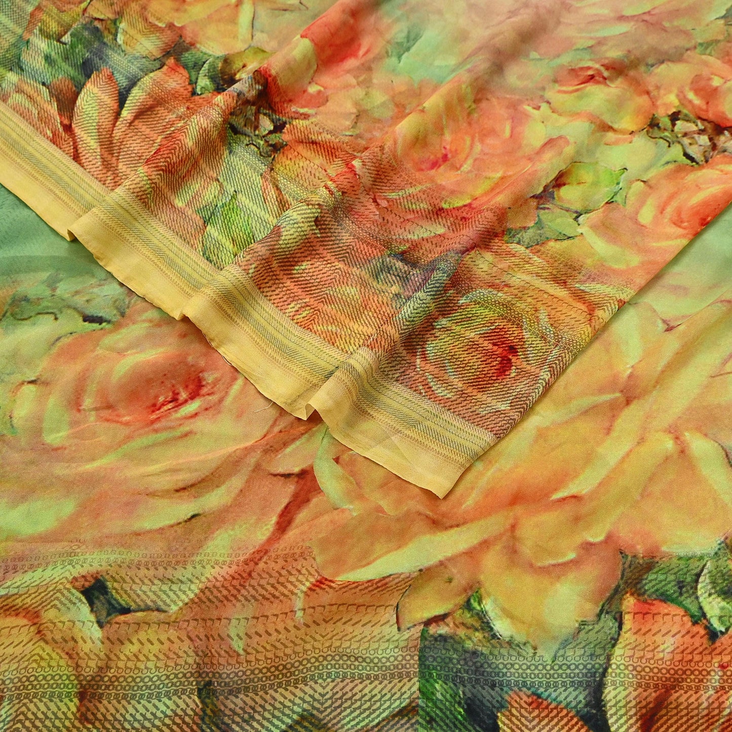 Women Vintage Sari Green & Yellow Pure Georgette Silk Digital Printed Saree Craft Fabric Sewing 6Yd Light Dress Making Geometric Crafting