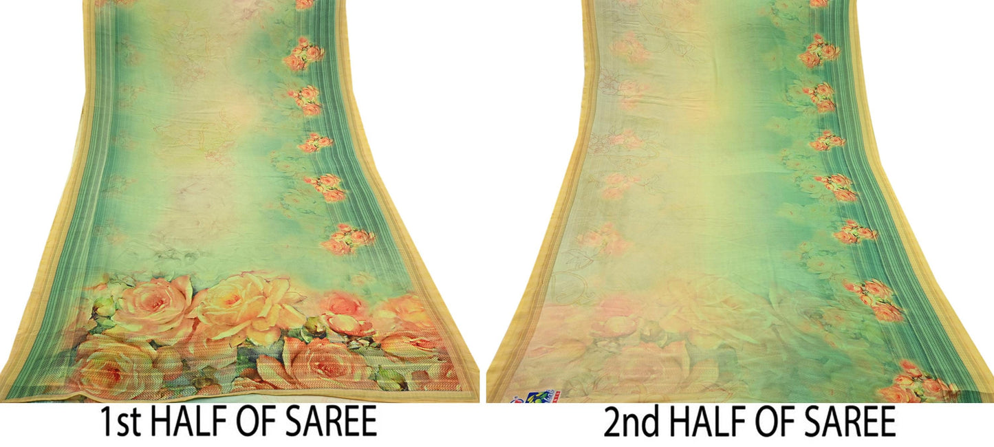 Women Vintage Sari Green & Yellow Pure Georgette Silk Digital Printed Saree Craft Fabric Sewing 6Yd Light Dress Making Geometric Crafting