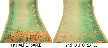 Women Vintage Sari Green & Yellow Pure Georgette Silk Digital Printed Saree Craft Fabric Sewing 6Yd Light Dress Making Geometric Crafting
