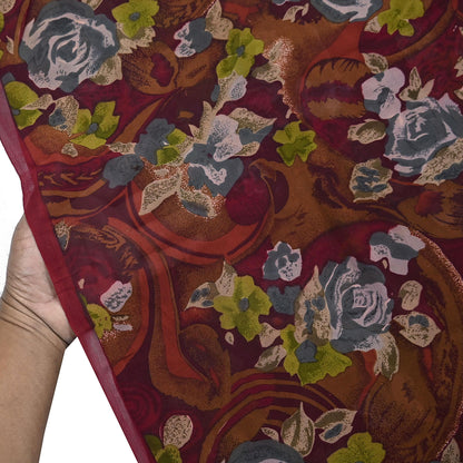 Indian Vintage Sari Maroon Pure Georgette Silk Printed Sarees 5Yd Craft Fabric Sewing Soft Light Dress Making/ Designing Quilting Crafting