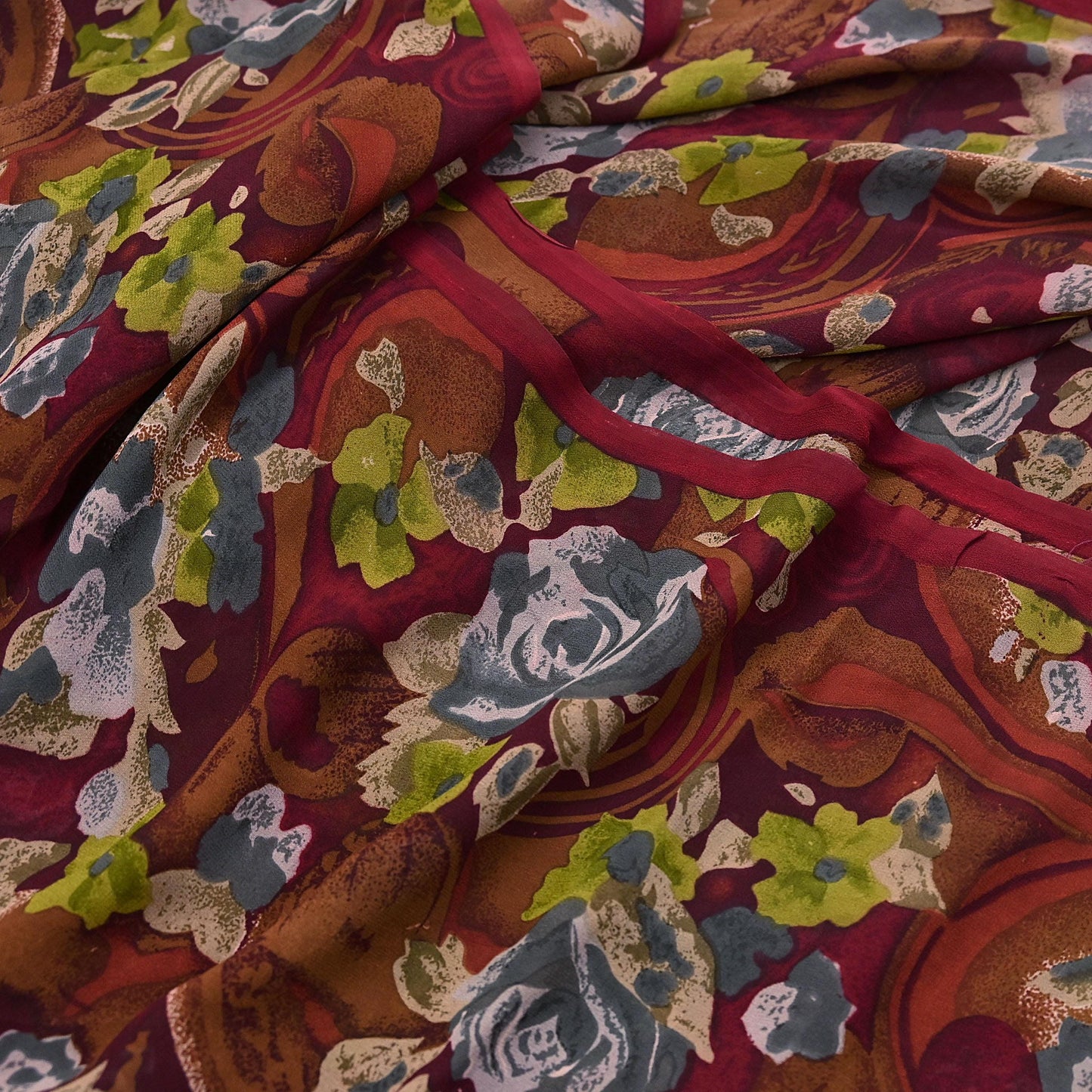 Indian Vintage Sari Maroon Pure Georgette Silk Printed Sarees 5Yd Craft Fabric Sewing Soft Light Dress Making/ Designing Quilting Crafting