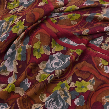 Indian Vintage Sari Maroon Pure Georgette Silk Printed Sarees 5Yd Craft Fabric Sewing Soft Light Dress Making/ Designing Quilting Crafting