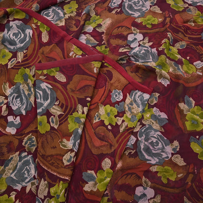 Indian Vintage Sari Maroon Pure Georgette Silk Printed Sarees 5Yd Craft Fabric Sewing Soft Light Dress Making/ Designing Quilting Crafting