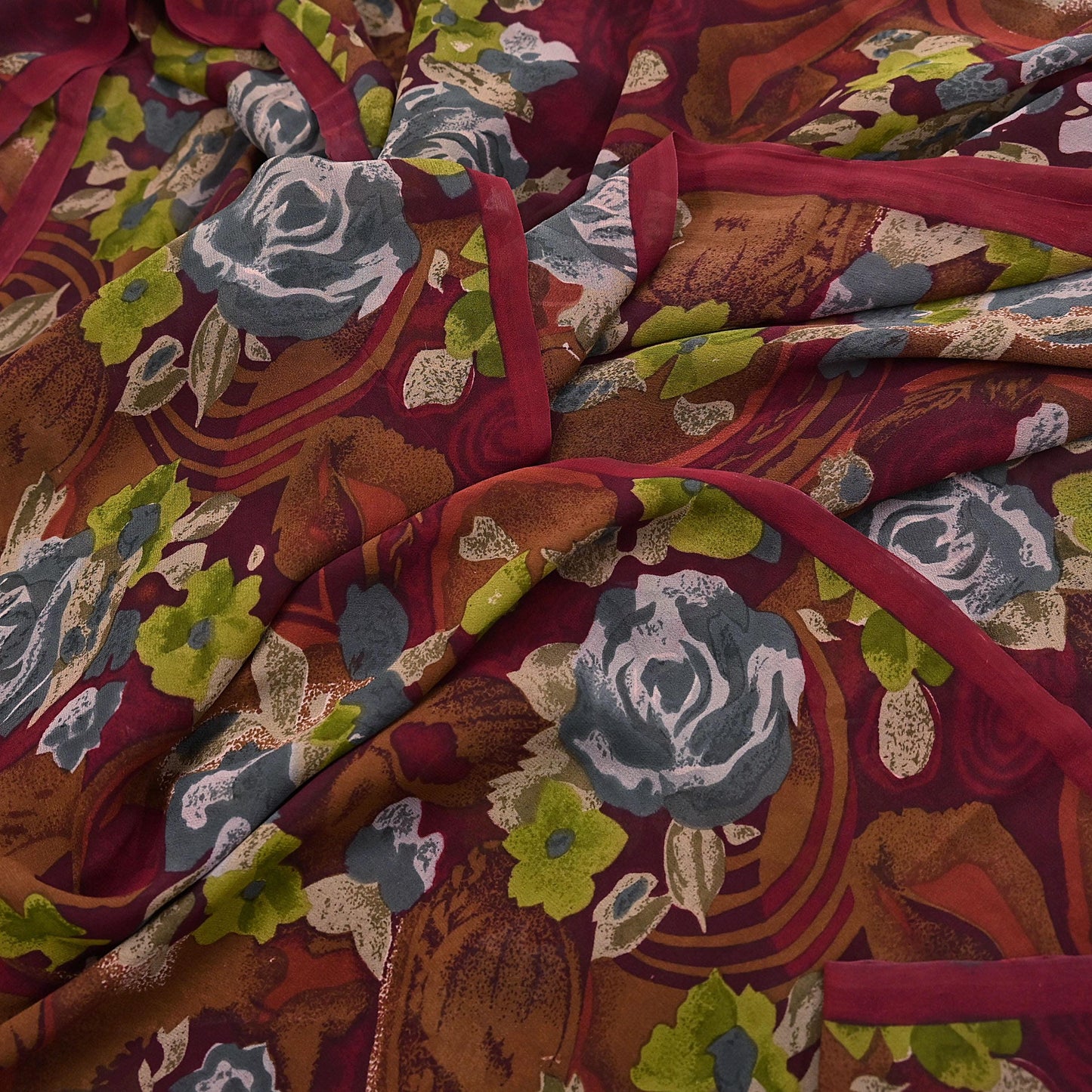 Indian Vintage Sari Maroon Pure Georgette Silk Printed Sarees 5Yd Craft Fabric Sewing Soft Light Dress Making/ Designing Quilting Crafting