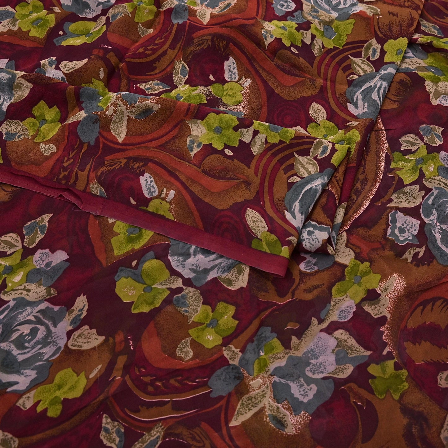 Indian Vintage Sari Maroon Pure Georgette Silk Printed Sarees 5Yd Craft Fabric Sewing Soft Light Dress Making/ Designing Quilting Crafting