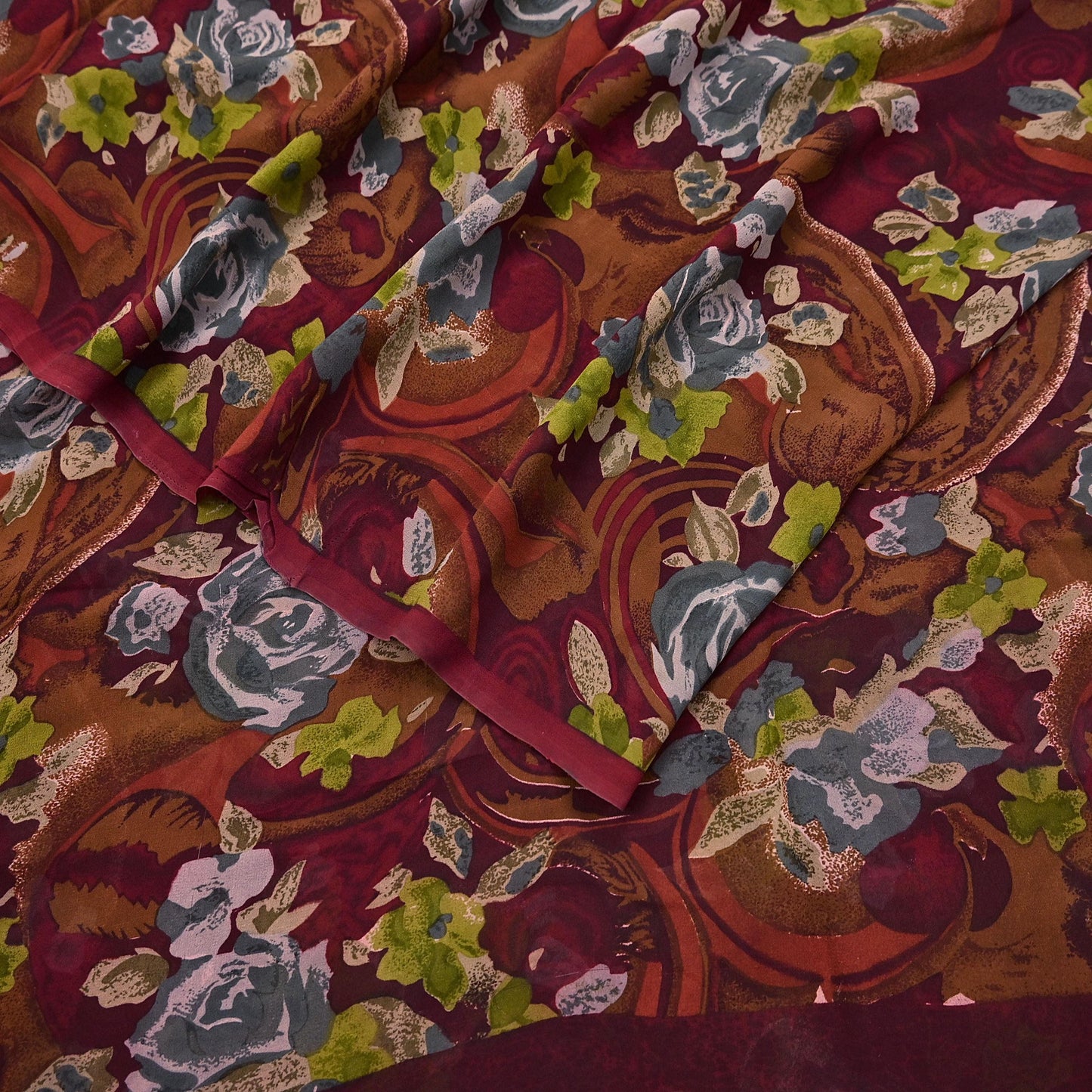 Indian Vintage Sari Maroon Pure Georgette Silk Printed Sarees 5Yd Craft Fabric Sewing Soft Light Dress Making/ Designing Quilting Crafting