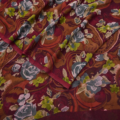 Indian Vintage Sari Maroon Pure Georgette Silk Printed Sarees 5Yd Craft Fabric Sewing Soft Light Dress Making/ Designing Quilting Crafting