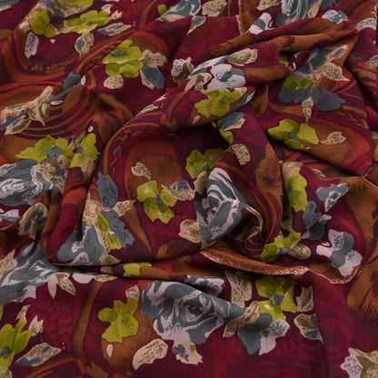 Indian Vintage Sari Maroon Pure Georgette Silk Printed Sarees 5Yd Craft Fabric Sewing Soft Light Dress Making/ Designing Quilting Crafting