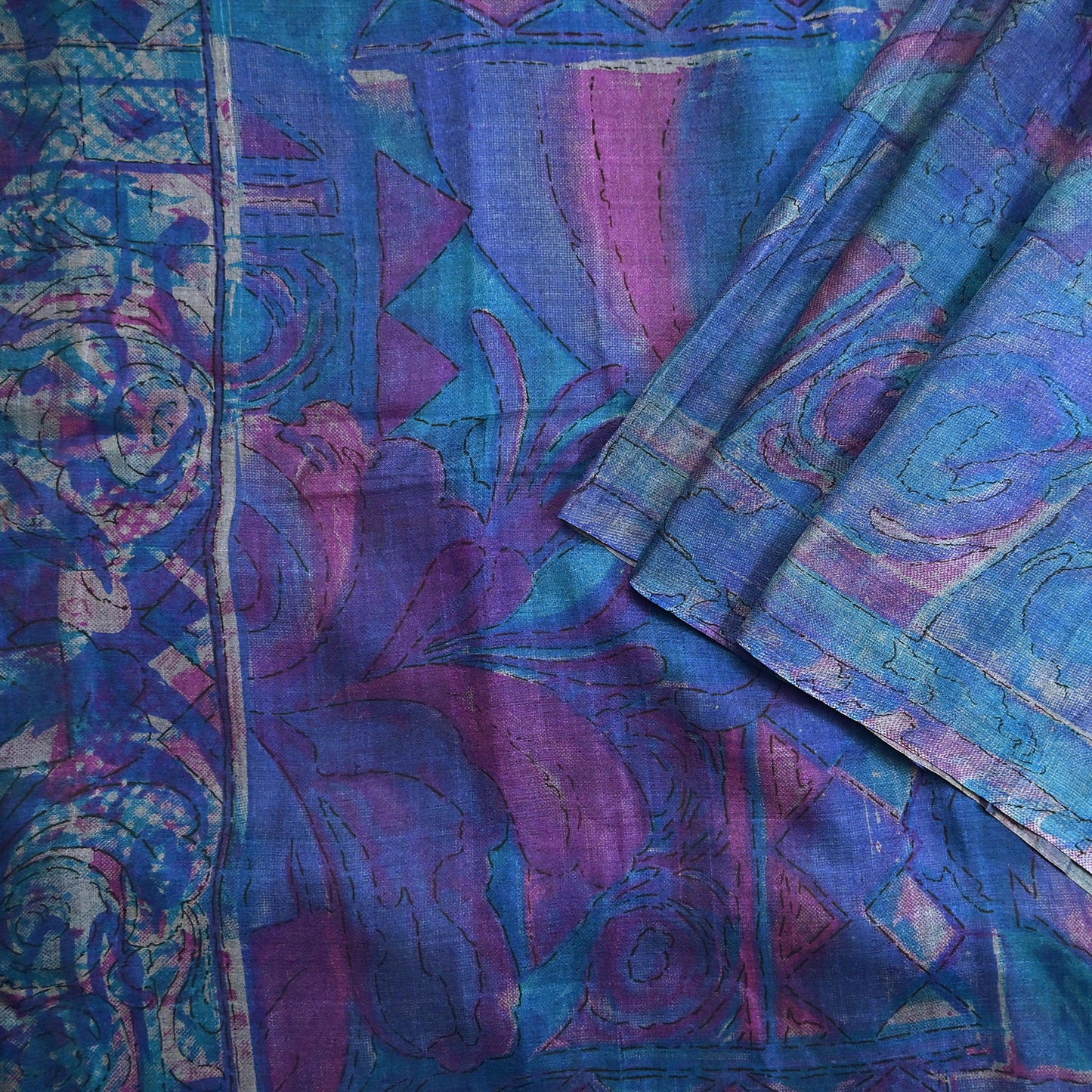 Indian Vintage Sari Green & Blue Pure Silk Printed Sarees Craft Fabric 5yd Sewing Dress Making Soft Floral Crafting Quilting Upcycle