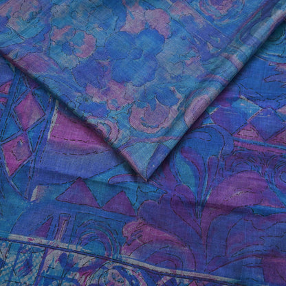 Indian Vintage Sari Green & Blue Pure Silk Printed Sarees Craft Fabric 5yd Sewing Dress Making Soft Floral Crafting Quilting Upcycle