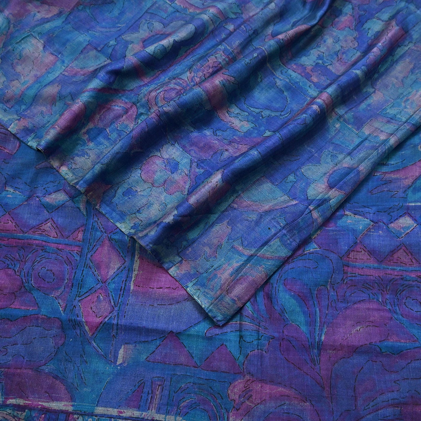 Indian Vintage Sari Green & Blue Pure Silk Printed Sarees Craft Fabric 5yd Sewing Dress Making Soft Floral Crafting Quilting Upcycle