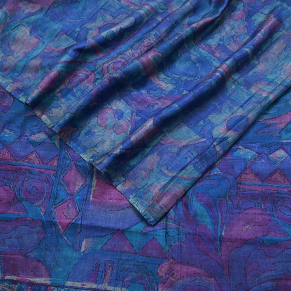 Indian Vintage Sari Green & Blue Pure Silk Printed Sarees Craft Fabric 5yd Sewing Dress Making Soft Floral Crafting Quilting Upcycle