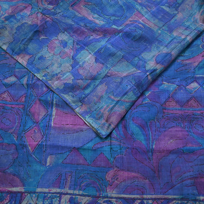 Indian Vintage Sari Green & Blue Pure Silk Printed Sarees Craft Fabric 5yd Sewing Dress Making Soft Floral Crafting Quilting Upcycle