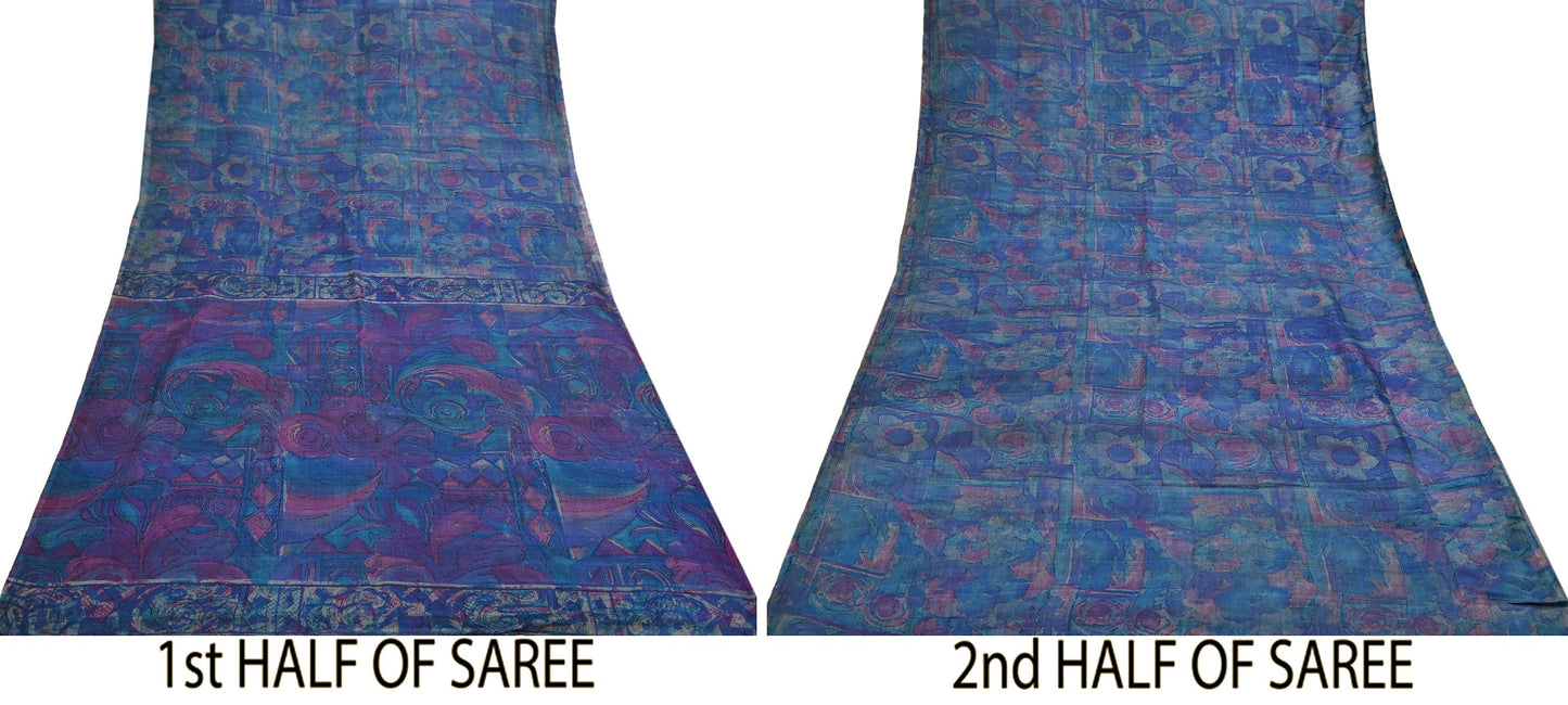 Indian Vintage Sari Green & Blue Pure Silk Printed Sarees Craft Fabric 5yd Sewing Dress Making Soft Floral Crafting Quilting Upcycle
