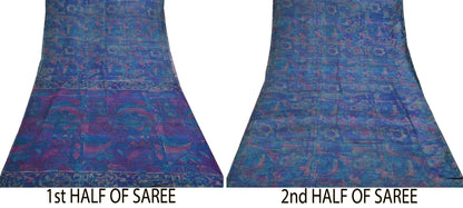 Indian Vintage Sari Green & Blue Pure Silk Printed Sarees Craft Fabric 5yd Sewing Dress Making Soft Floral Crafting Quilting Upcycle
