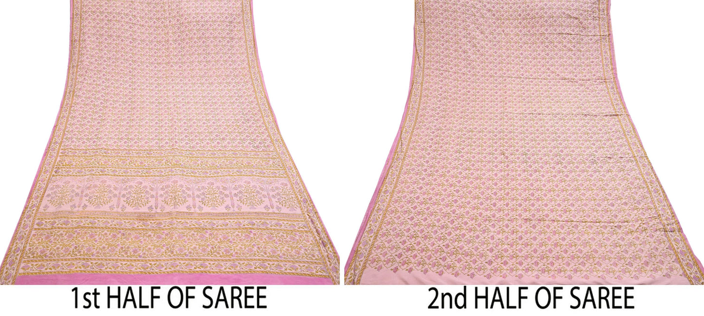 Indian Vintage Sari Peach Pure Silk Printed Saree Fabric 5yard Sewing Craft Fabric DressMaking Wrap Floral