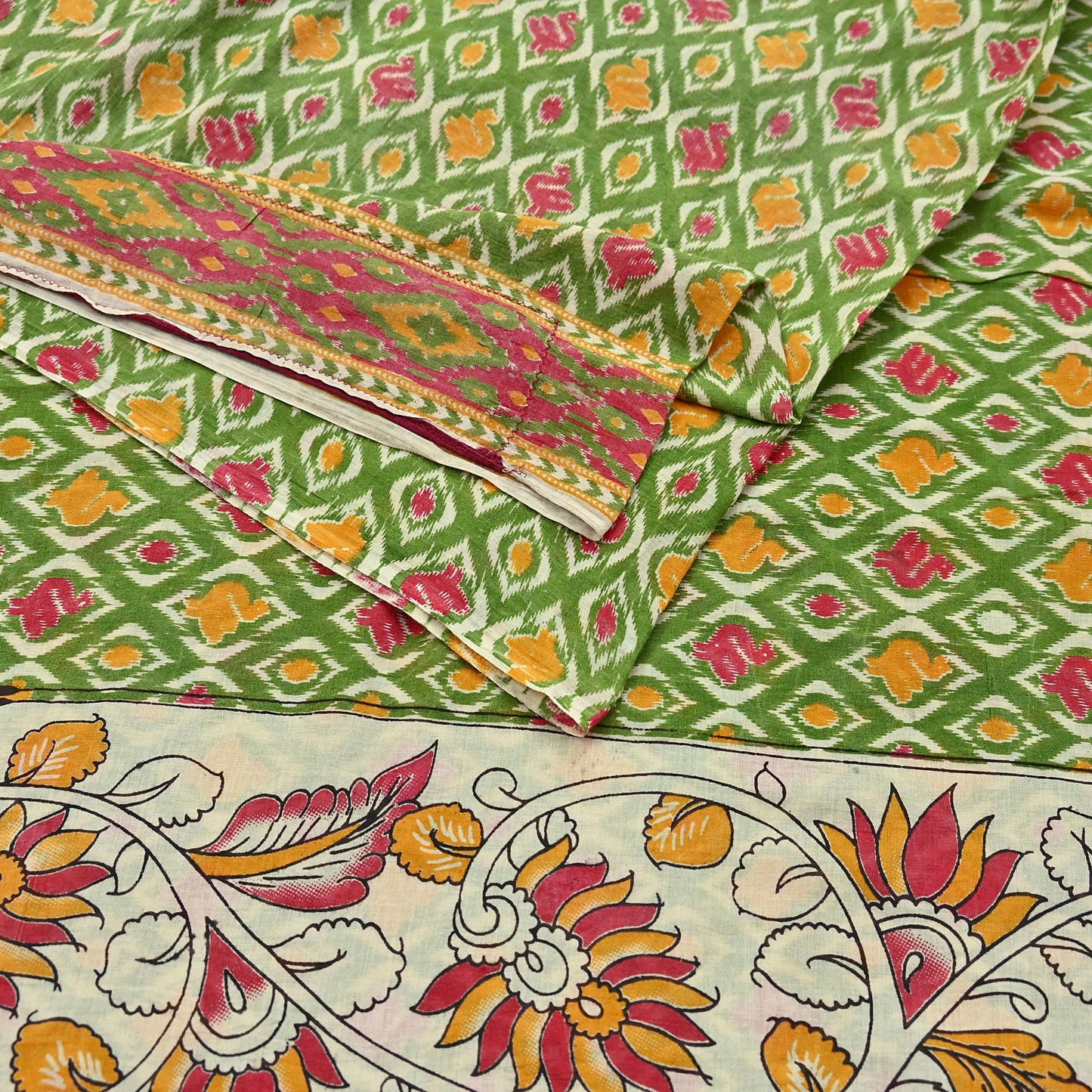 Indian Vintage Green Sari Kalamkari Printed Pure Cotton Saree Fabric Soft Floral 5Yd Sarong Wrap Fabric Fish