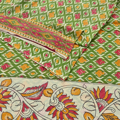 Indian Vintage Green Sari Kalamkari Printed Pure Cotton Saree Fabric Soft Floral 5Yd Sarong Wrap Fabric Fish