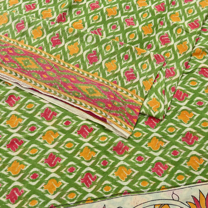 Indian Vintage Green Sari Kalamkari Printed Pure Cotton Saree Fabric Soft Floral 5Yd Sarong Wrap Fabric Fish