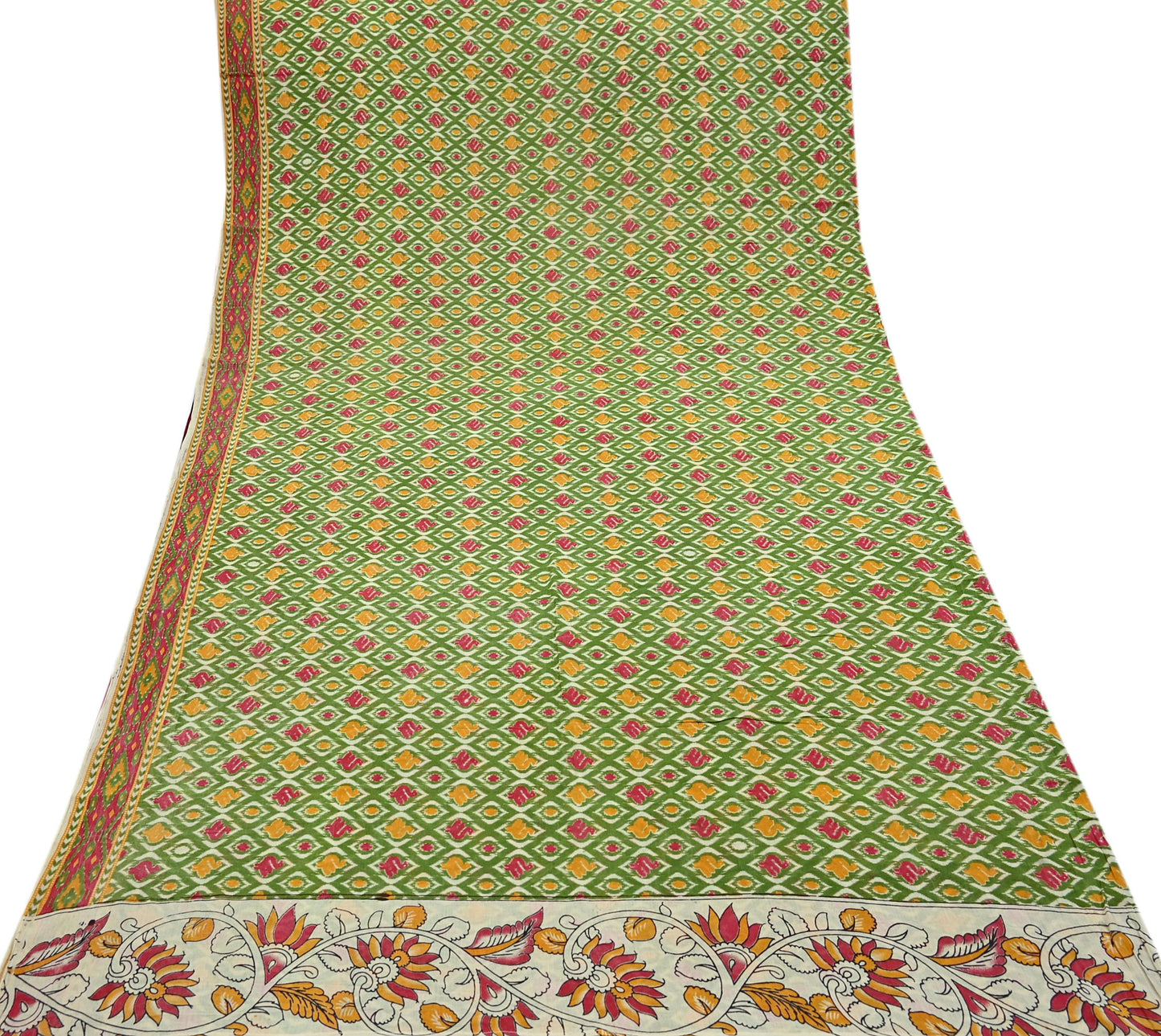 Indian Vintage Green Sari Kalamkari Printed Pure Cotton Saree Fabric Soft Floral 5Yd Sarong Wrap Fabric Fish