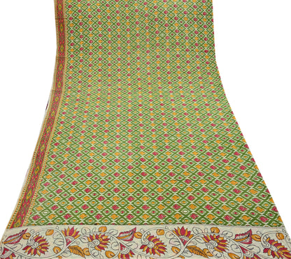 Indian Vintage Green Sari Kalamkari Printed Pure Cotton Saree Fabric Soft Floral 5Yd Sarong Wrap Fabric Fish