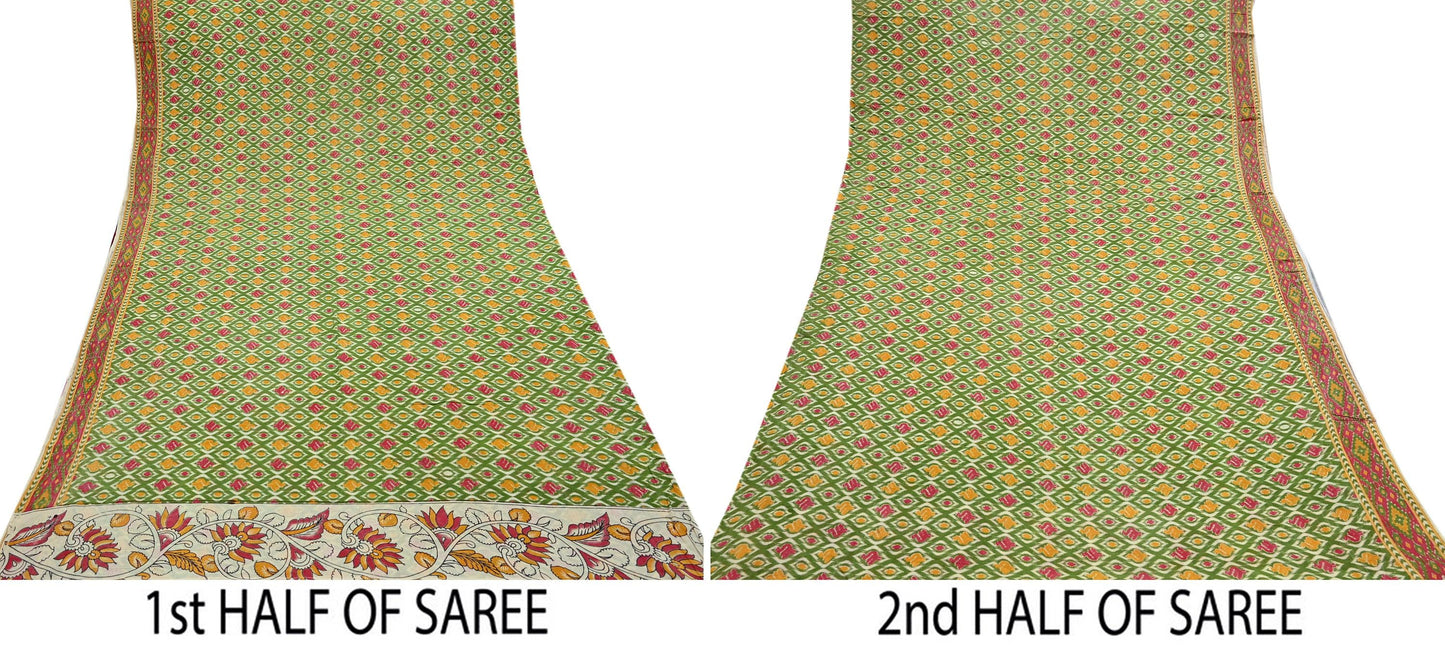 Indian Vintage Green Sari Kalamkari Printed Pure Cotton Saree Fabric Soft Floral 5Yd Sarong Wrap Fabric Fish