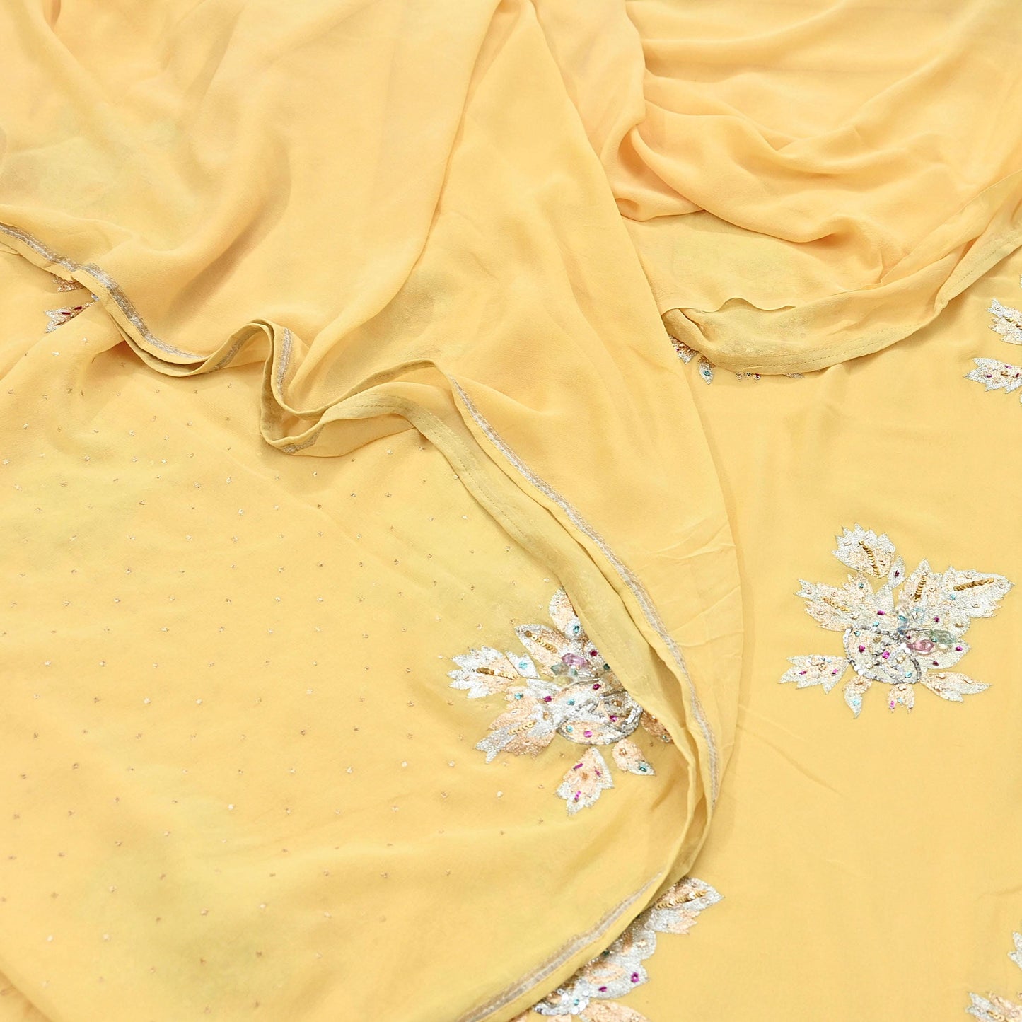 Indian Vintage Yellow Saree Pure Georgette Silk Hand Embroidered Sari Craft Fabric 5Yd Sewing Ethnic Dress making Crafting Quilting Dabka