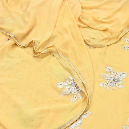 Indian Vintage Yellow Saree Pure Georgette Silk Hand Embroidered Sari Craft Fabric 5Yd Sewing Ethnic Dress making Crafting Quilting Dabka