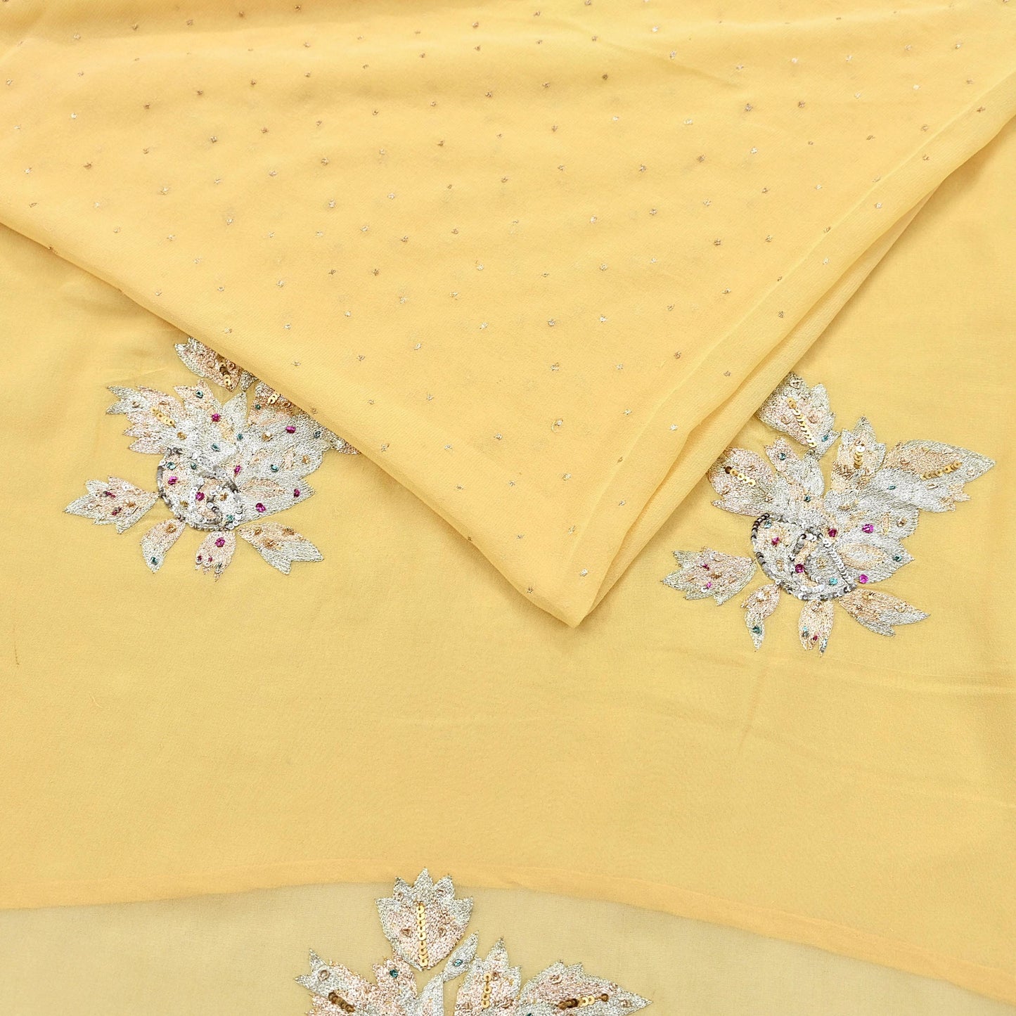 Indian Vintage Yellow Saree Pure Georgette Silk Hand Embroidered Sari Craft Fabric 5Yd Sewing Ethnic Dress making Crafting Quilting Dabka