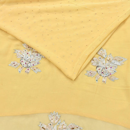 Indian Vintage Yellow Saree Pure Georgette Silk Hand Embroidered Sari Craft Fabric 5Yd Sewing Ethnic Dress making Crafting Quilting Dabka