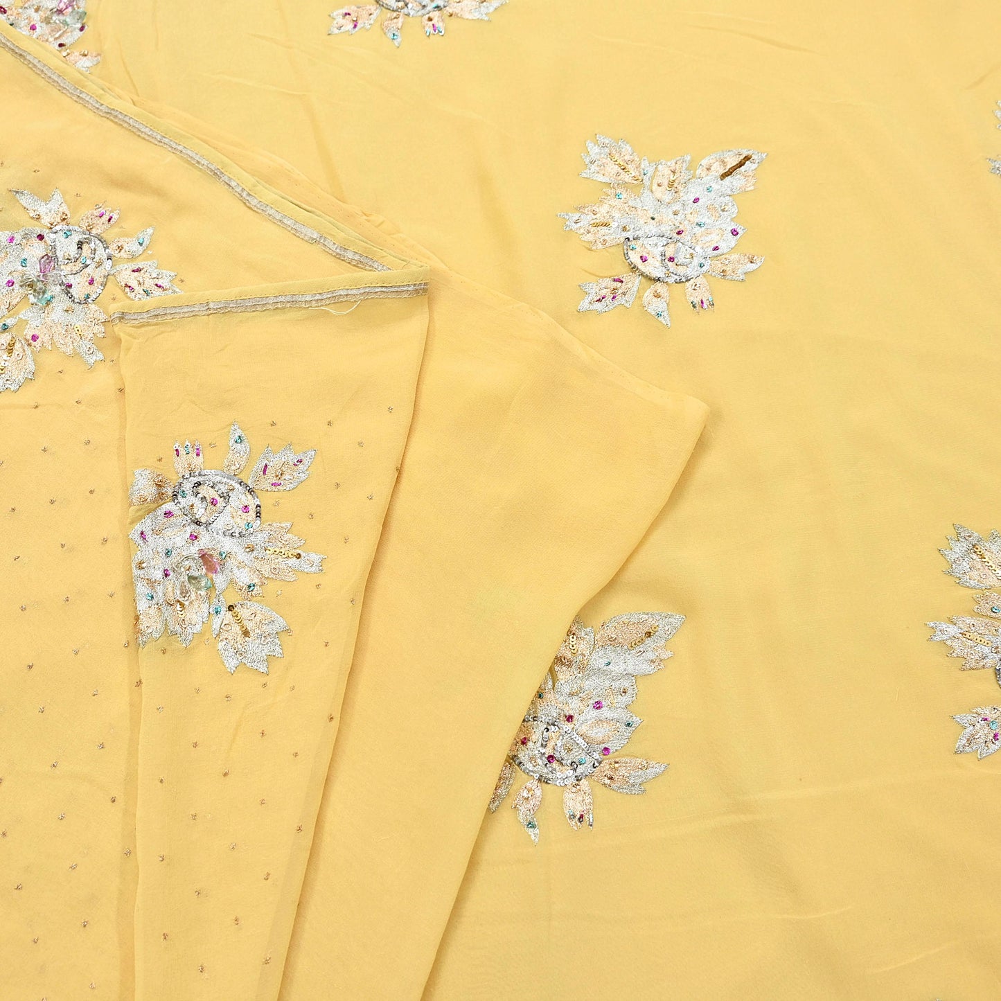 Indian Vintage Yellow Saree Pure Georgette Silk Hand Embroidered Sari Craft Fabric 5Yd Sewing Ethnic Dress making Crafting Quilting Dabka