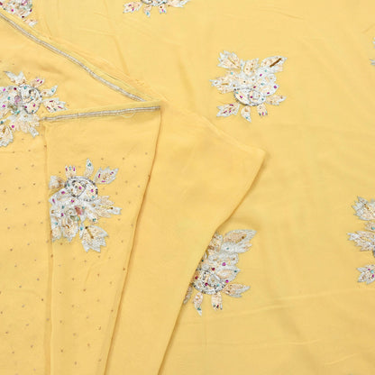 Indian Vintage Yellow Saree Pure Georgette Silk Hand Embroidered Sari Craft Fabric 5Yd Sewing Ethnic Dress making Crafting Quilting Dabka