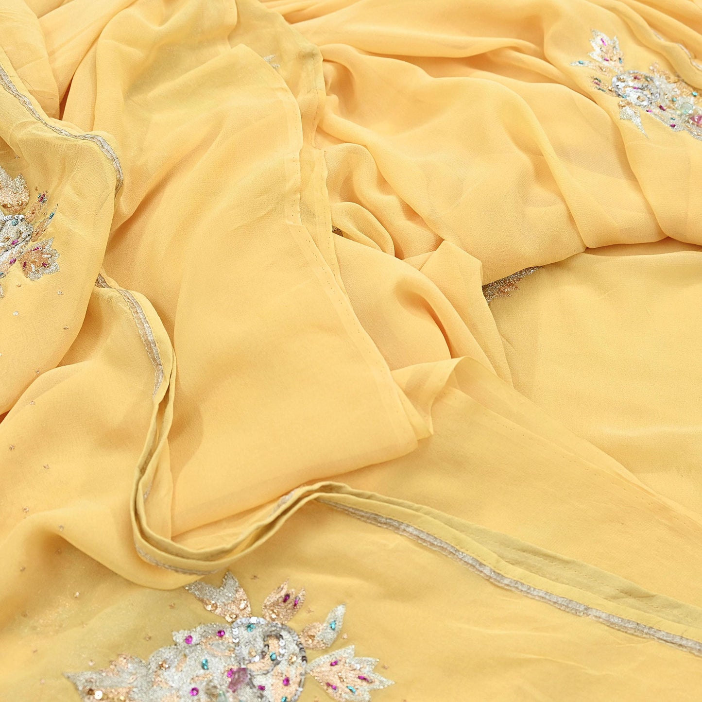 Indian Vintage Yellow Saree Pure Georgette Silk Hand Embroidered Sari Craft Fabric 5Yd Sewing Ethnic Dress making Crafting Quilting Dabka