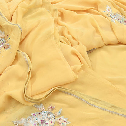 Indian Vintage Yellow Saree Pure Georgette Silk Hand Embroidered Sari Craft Fabric 5Yd Sewing Ethnic Dress making Crafting Quilting Dabka
