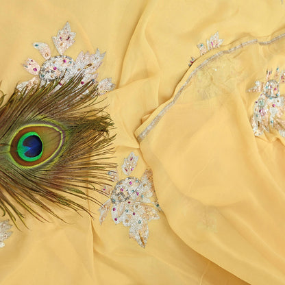 Indian Vintage Yellow Saree Pure Georgette Silk Hand Embroidered Sari Craft Fabric 5Yd Sewing Ethnic Dress making Crafting Quilting Dabka