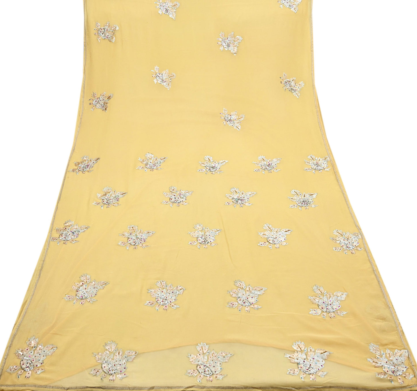 Indian Vintage Yellow Saree Pure Georgette Silk Hand Embroidered Sari Craft Fabric 5Yd Sewing Ethnic Dress making Crafting Quilting Dabka