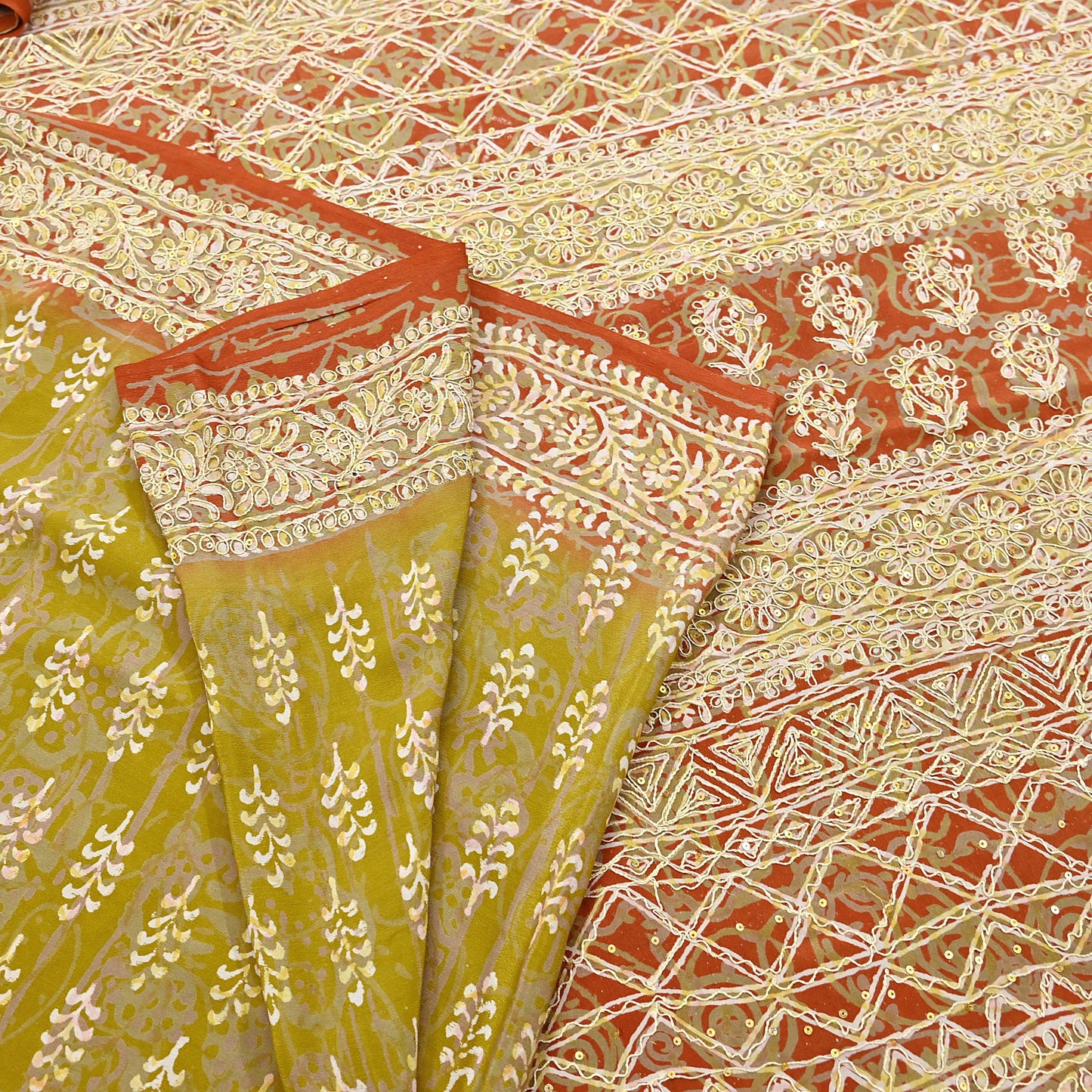 Indian Vintage Sari Green Pure Crepe Silk Hand Embroidered Saree 6yd Sewing Floral Craft Sequins Dress making Crafting Quilting