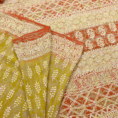 Indian Vintage Sari Green Pure Crepe Silk Hand Embroidered Saree 6yd Sewing Floral Craft Sequins Dress making Crafting Quilting