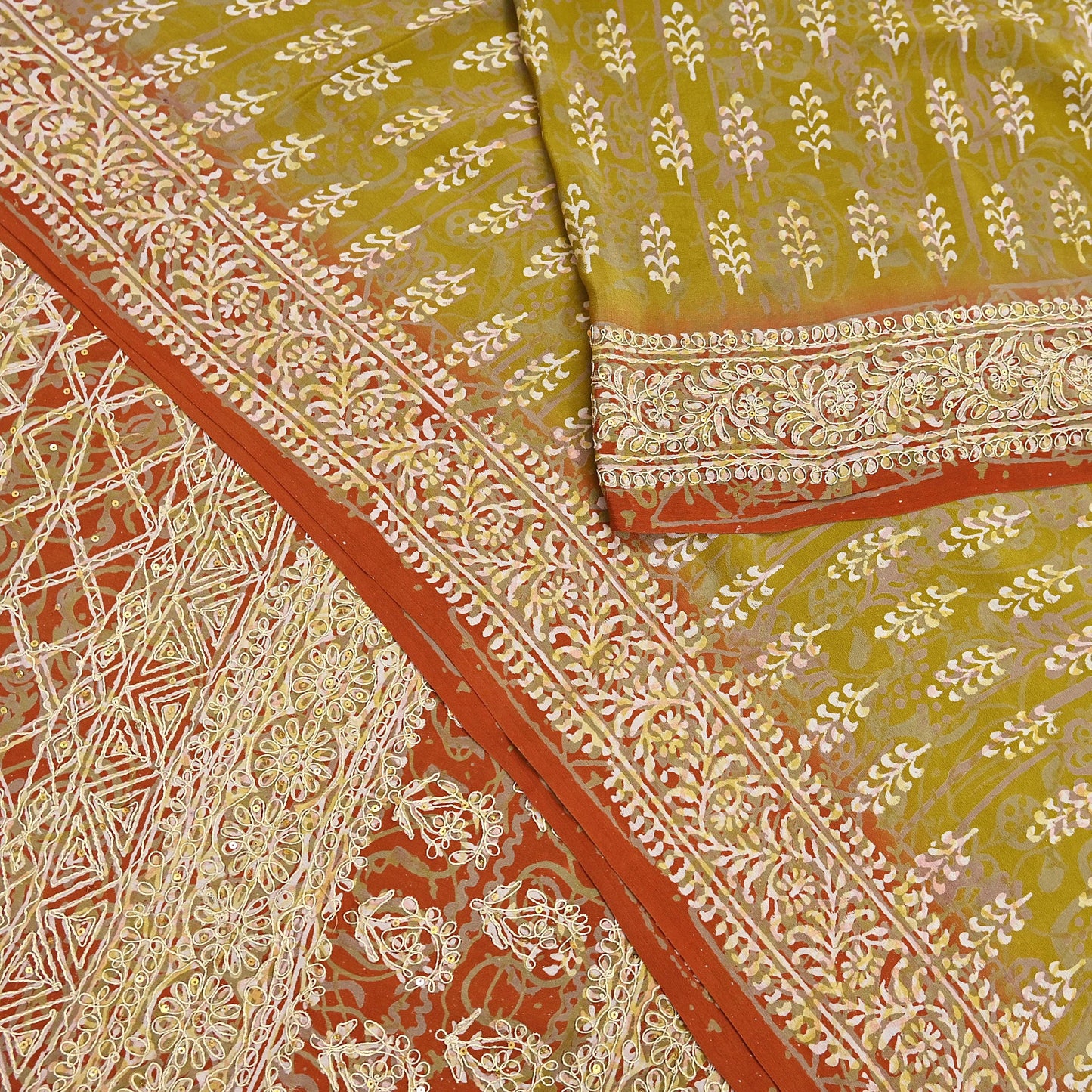 Indian Vintage Sari Green Pure Crepe Silk Hand Embroidered Saree 6yd Sewing Floral Craft Sequins Dress making Crafting Quilting