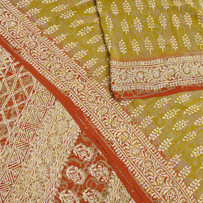 Indian Vintage Sari Green Pure Crepe Silk Hand Embroidered Saree 6yd Sewing Floral Craft Sequins Dress making Crafting Quilting