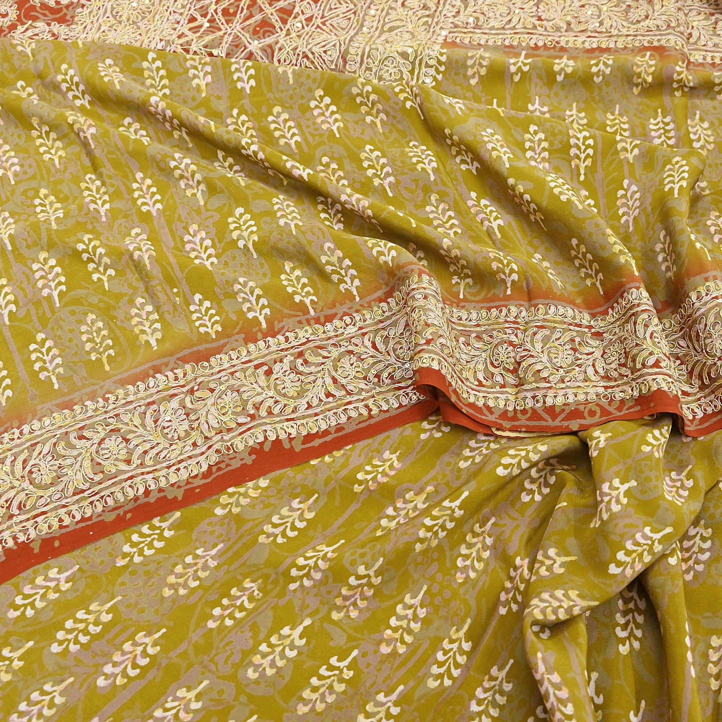 Indian Vintage Sari Green Pure Crepe Silk Hand Embroidered Saree 6yd Sewing Floral Craft Sequins Dress making Crafting Quilting