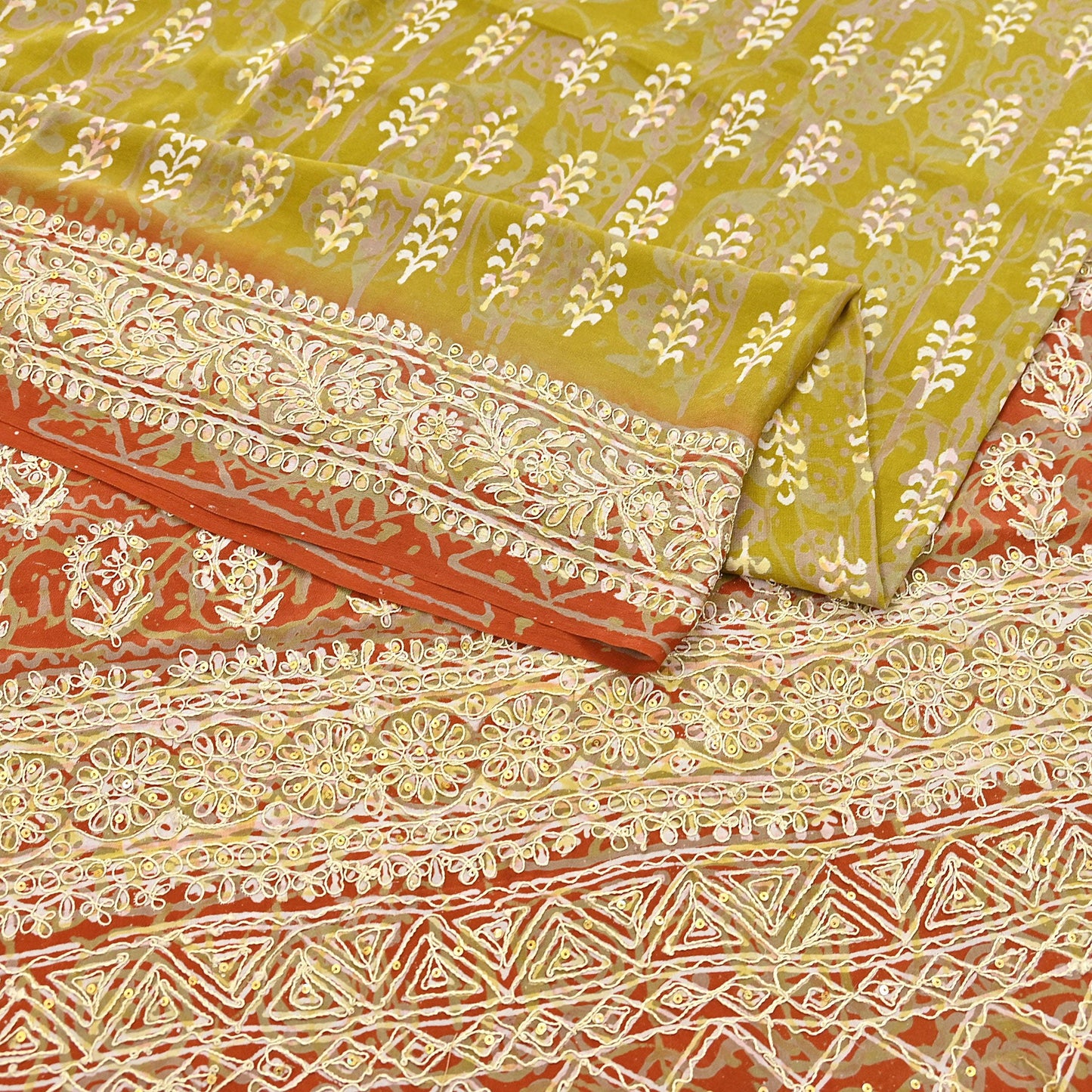 Indian Vintage Sari Green Pure Crepe Silk Hand Embroidered Saree 6yd Sewing Floral Craft Sequins Dress making Crafting Quilting