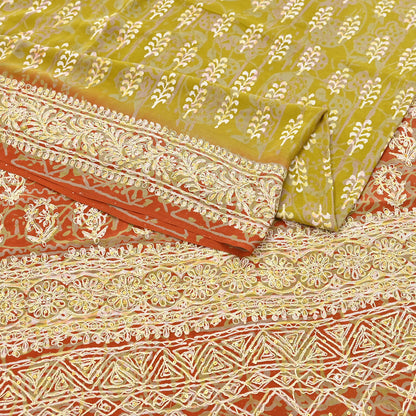 Indian Vintage Sari Green Pure Crepe Silk Hand Embroidered Saree 6yd Sewing Floral Craft Sequins Dress making Crafting Quilting