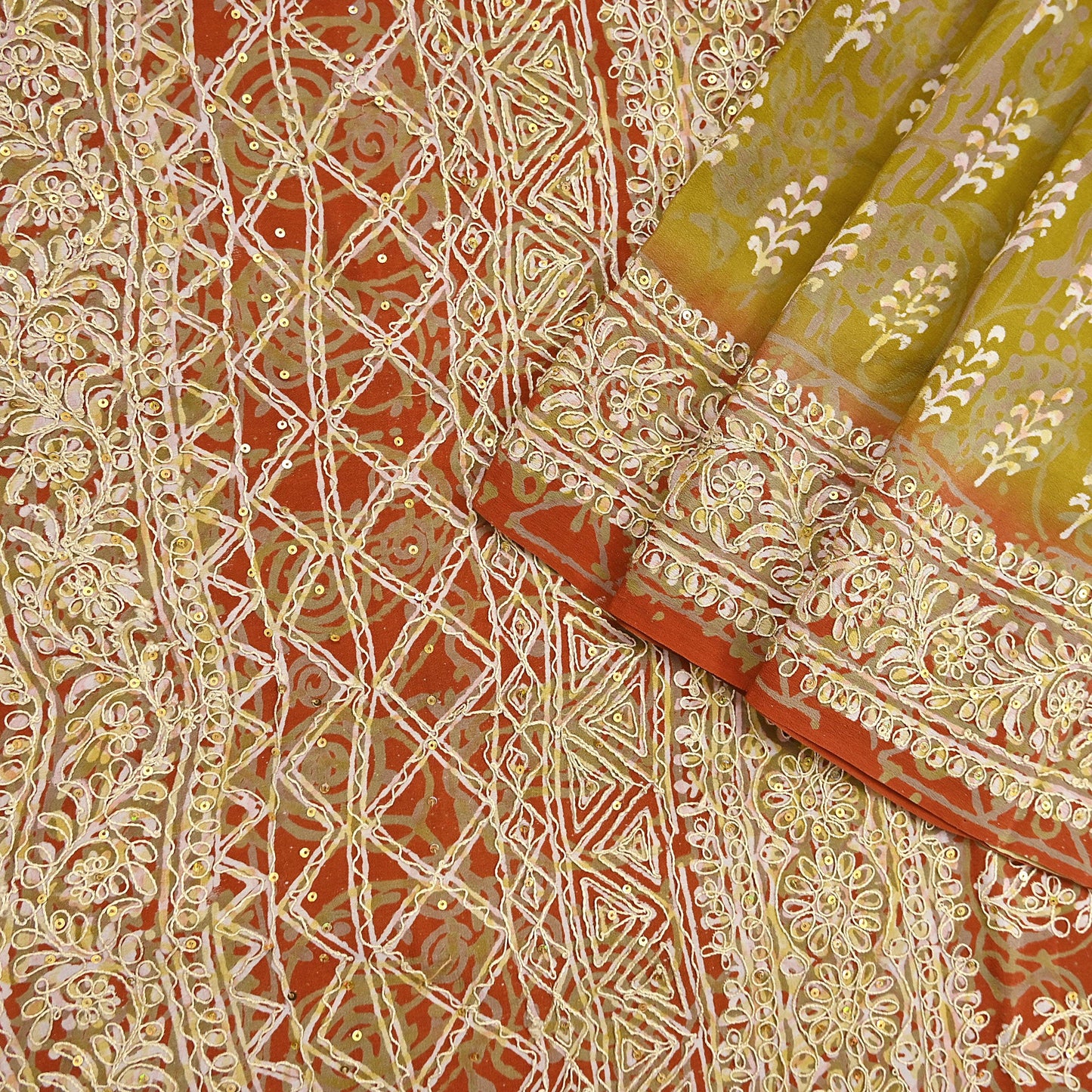 Indian Vintage Sari Green Pure Crepe Silk Hand Embroidered Saree 6yd Sewing Floral Craft Sequins Dress making Crafting Quilting