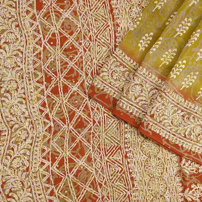 Indian Vintage Sari Green Pure Crepe Silk Hand Embroidered Saree 6yd Sewing Floral Craft Sequins Dress making Crafting Quilting