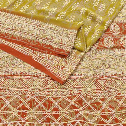 Indian Vintage Sari Green Pure Crepe Silk Hand Embroidered Saree 6yd Sewing Floral Craft Sequins Dress making Crafting Quilting