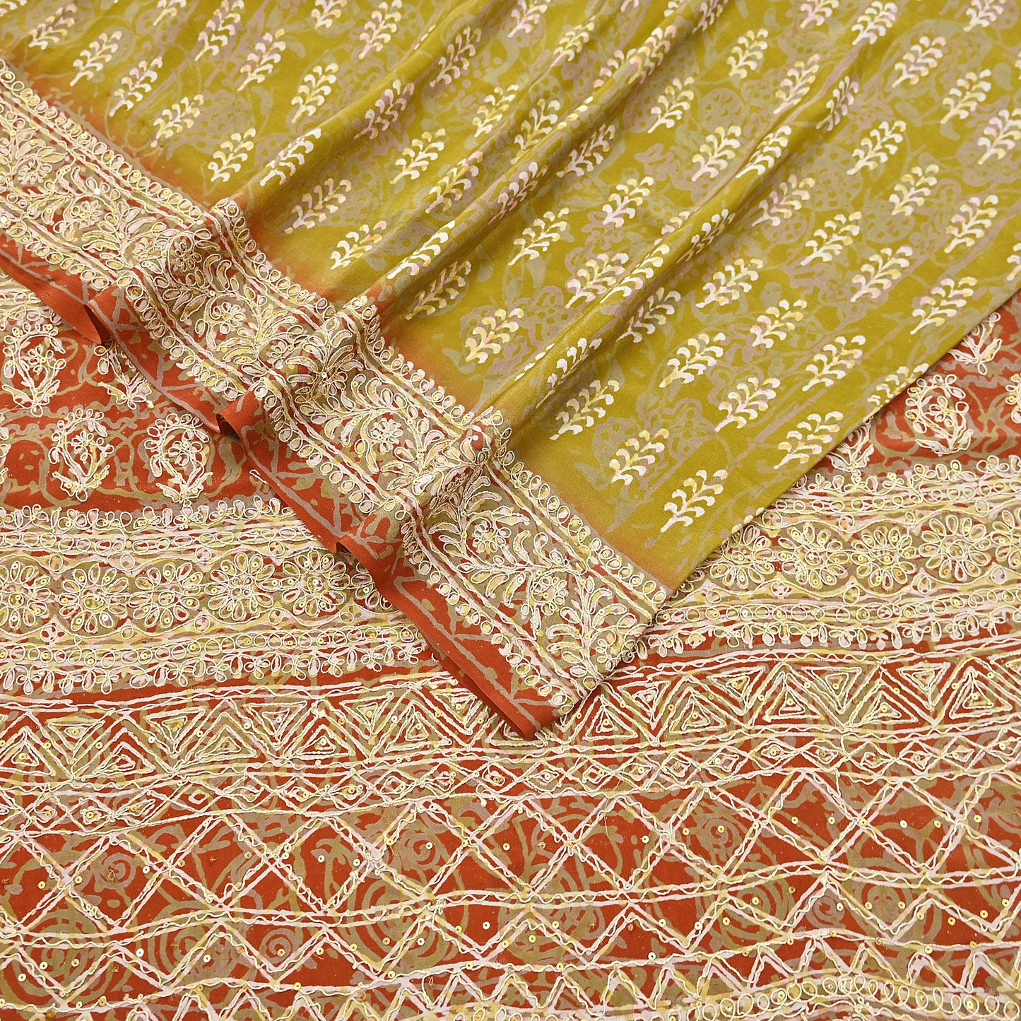 Indian Vintage Sari Green Pure Crepe Silk Hand Embroidered Saree 6yd Sewing Floral Craft Sequins Dress making Crafting Quilting