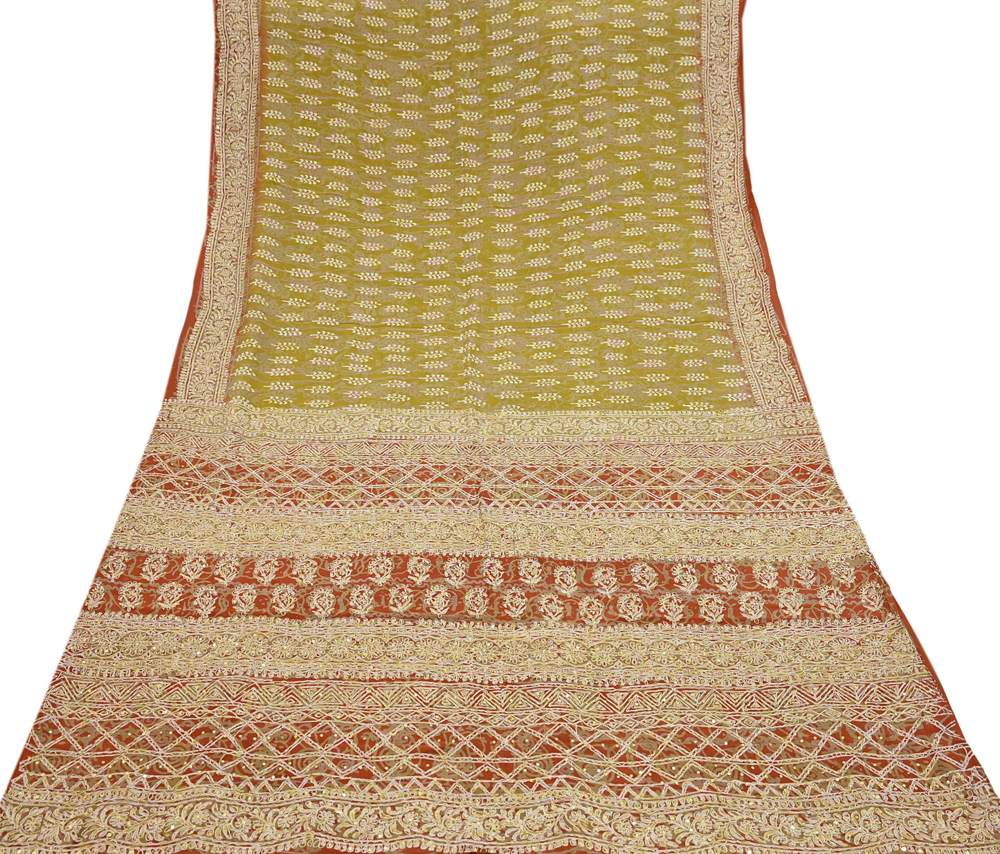 Indian Vintage Sari Green Pure Crepe Silk Hand Embroidered Saree 6yd Sewing Floral Craft Sequins Dress making Crafting Quilting